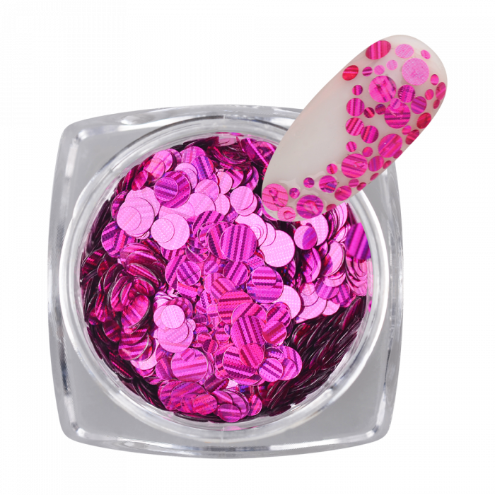 PolkaDot Holo Glitter 900: Hologramos, pink, kör formájú, változatos méretű körömdíszítő....
