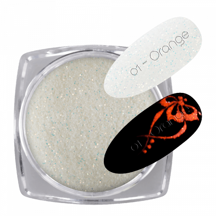 Glow Glitter White 01 - Orange:Látványos fehér csillámló por, mely sötétben narancs színnel ...