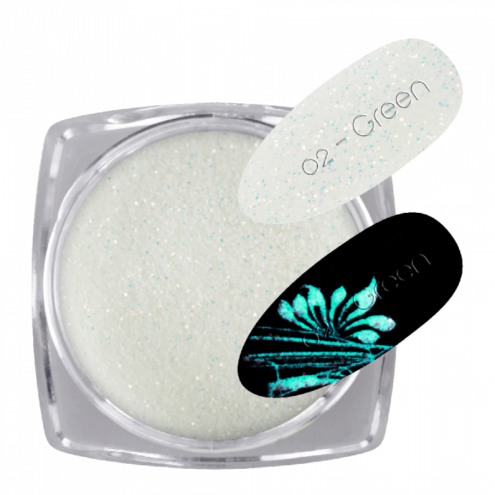 Glow Glitter White 02 - Green:Látványos fehér csillámló por, mely sötétben zöld színnel vil...