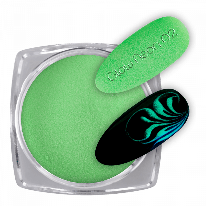 Pigmentpor Glow Neon 02:Neon zöld pigment por, mely napfénnyel feltöltődve a sötétben színese...