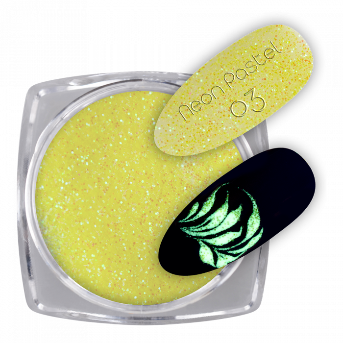 Glow Glitter Neon Pastel 03:
 
Sötétben világító neon pasztell sárga színű csillámpor, m...