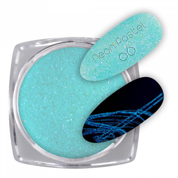 Glow Glitter Neon Pastel 06:
 
Sötétben világító neon pasztell kék színű csillámpor, mel...
